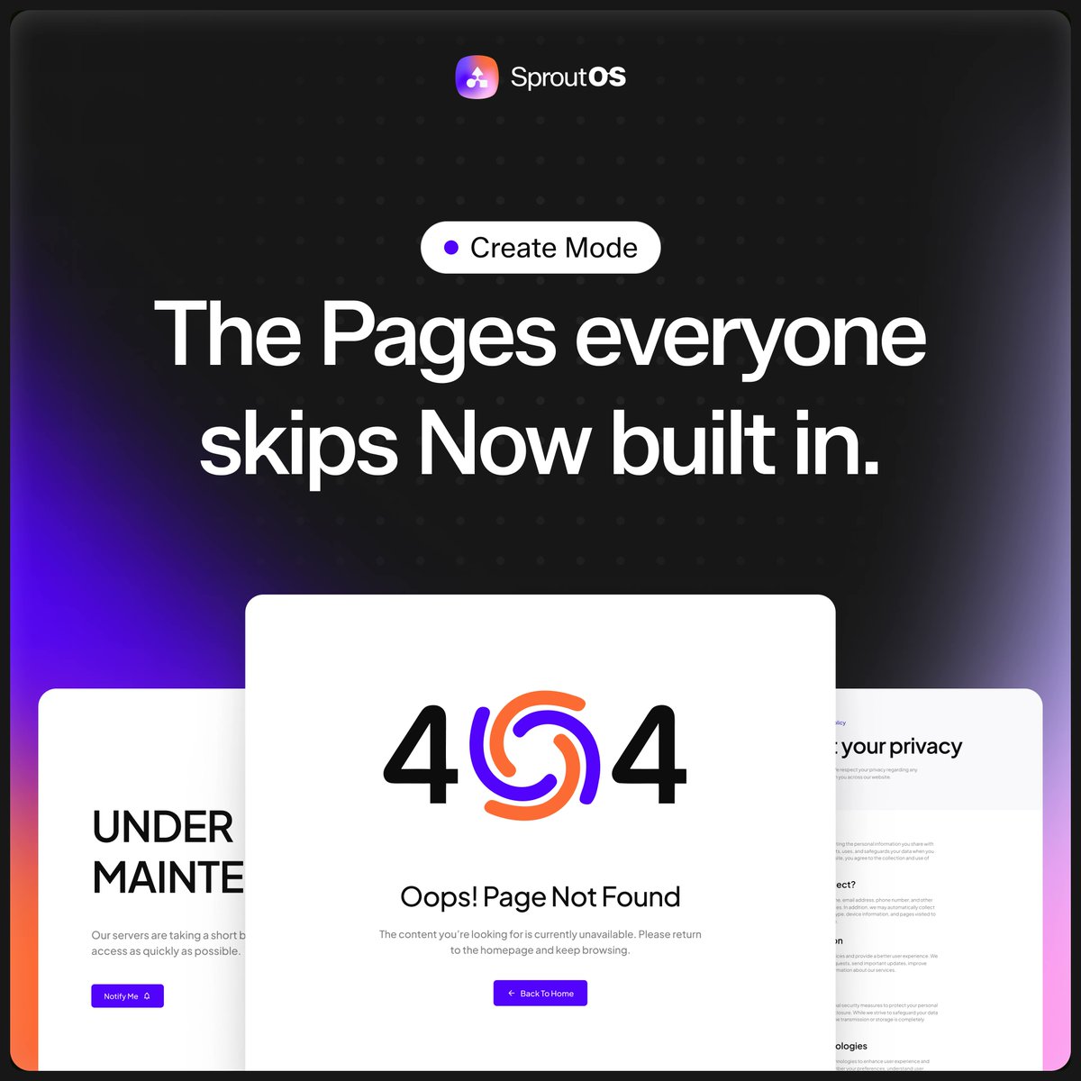 sproutoshq's tweet photo. Create Mode now builds the pages everyone skips.

404, coming soon, maintenance, plus legal pages: privacy policy, cookie policy, terms, and more.

Not lorem ipsum. Written from your Scope brief, so they fit the actual client. The dots connect.

https://t.co/EfrF4JMptN https://t.co/bYv2cR4QHk
