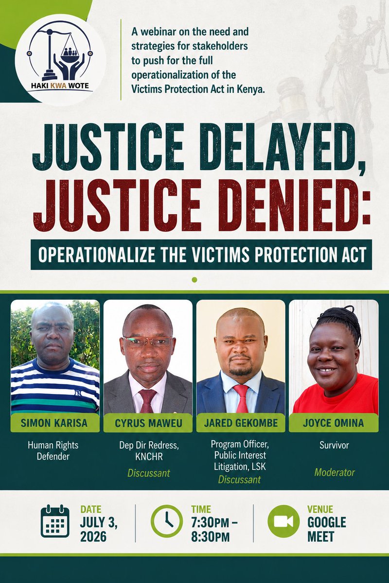 AnnetteDiana's tweet photo. Join us today as we unpack the strategies for stakeholders to push for the full operationalization of the Victims Protection Act in Kenya. #EndEnforcedDisappearanceKe #CriminaliseEnforcedDisappearanceKe #SabaSabaMarchforOurLives @IJM @CMKodhek @HakiKNCHR @DefendersKE @UhaiWetu https://t.co/ZsntXuCxvS