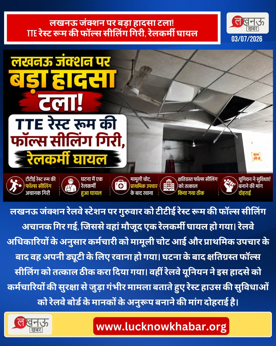 lucknowkhabarIn's tweet photo. लखनऊ जंक्शन पर बड़ा हादसा टला! TTE रेस्ट रूम की फॉल्स सीलिंग गिरी, रेलकर्मी घायल
#Lucknow #LucknowKhabar #UttarPradesh #UttarPradeshNews #LucknowJunction #IndianRailways #RailwayNews #TTE #RailSafety #BreakingNews https://t.co/WstFYOLSCX