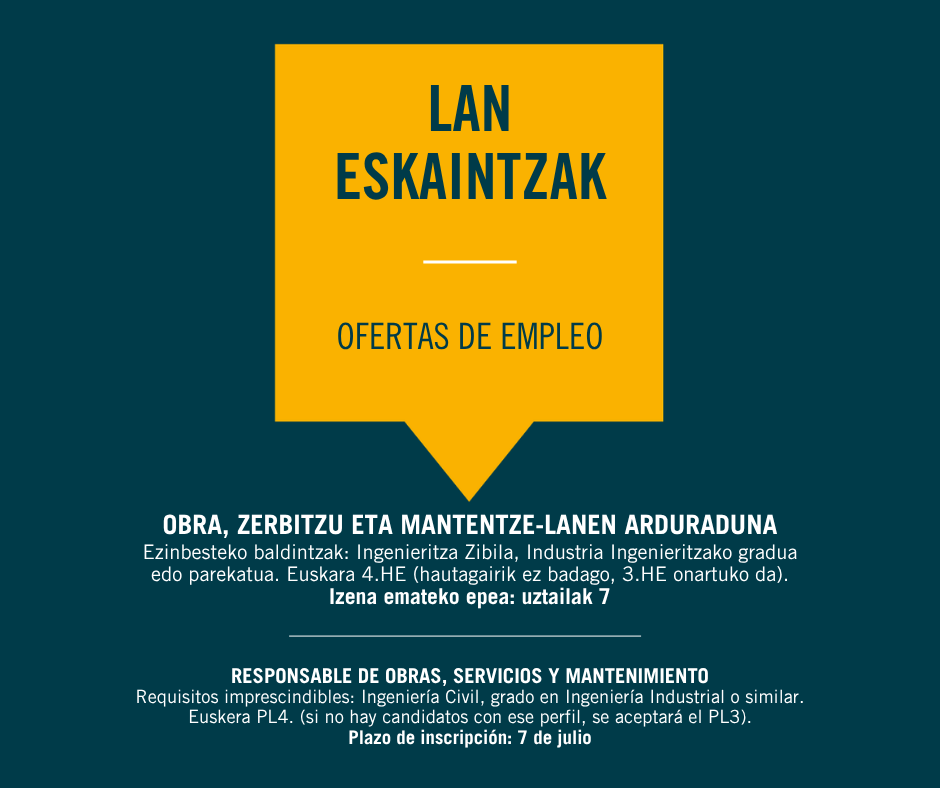 tolosaudala's tweet photo. LAN ESKAINTZA: Obra, zerbitzu eta mantentze-lanen arduraduna. Izena emateko epea: uztailak 7  

▶️https://t.co/JvVCktZSdn 
#tolosa https://t.co/SqvnPPahSl