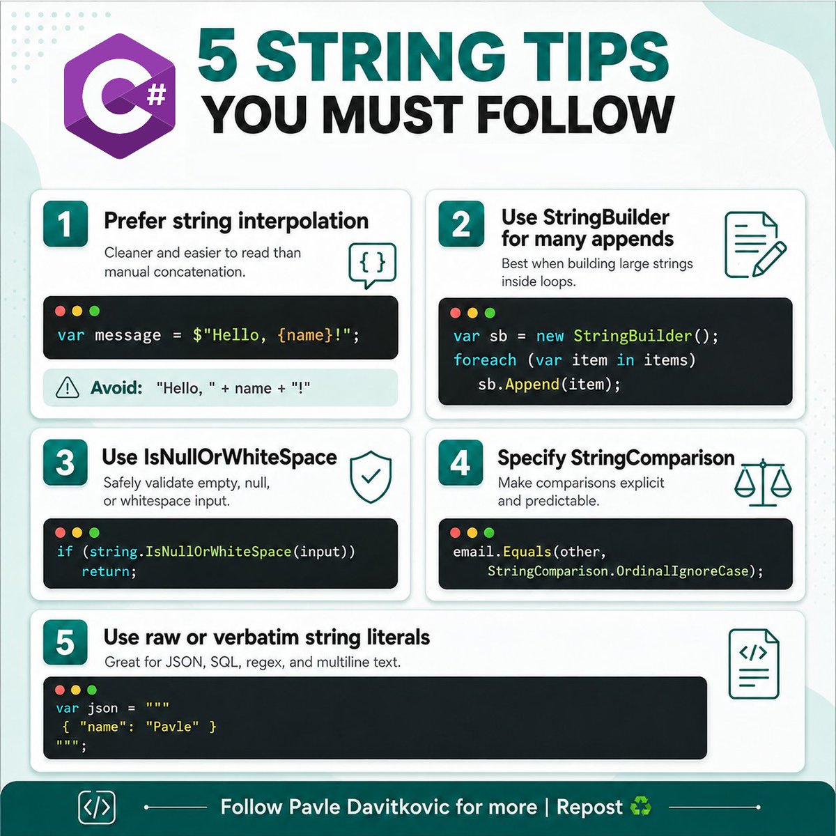 pavle_dav's tweet photo. Strings look simple in C#…

Until they become the reason for:

❌ unreadable code
❌ unnecessary allocations
❌ hidden comparison bugs
❌ broken validation
❌ painful multiline formatting

Every project of mine follow this 5 string tips:

1. Prefer string interpolation:
2. Use StringBuilder for many appends
3. Use string.IsNullOrWhiteSpace
4. Specify StringComparison
5. Use raw or verbatim string literals

Less escaping.

Less noise.

More readable code.

And small improvements in how you handle them can make your code safer, cleaner, and easier to maintain.

♻️Repost to help others! 
➕Follow me(@pavle_dav ) for more posts like this.