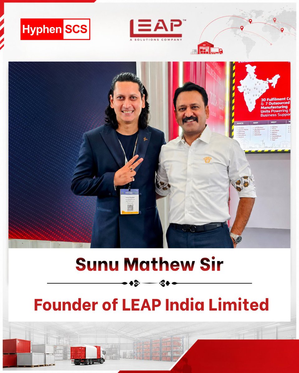 HyphenScs's tweet photo. Great connecting with Sunu Mathew, Founder &amp; MD of LEAP India, at the India Warehousing Show 2026. 
His vision continues to shape India's supply chain. Grateful for his encouragement of HyphenSCS! 🚀

Visit https://t.co/Dk0P2HxBtn

#HyphenSCS #Warehousing #Logistics https://t.co/s7kgSw3bx9