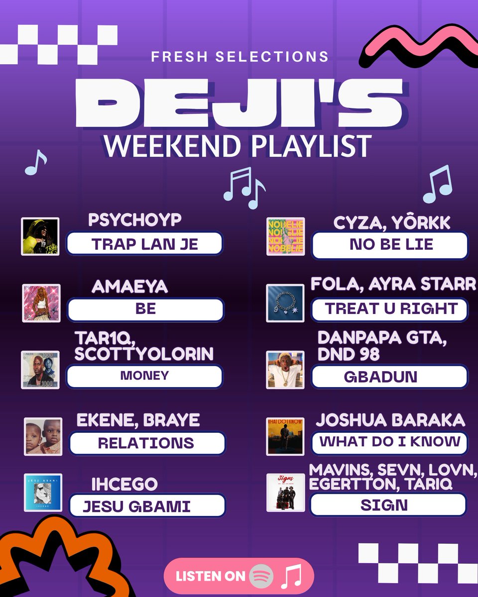 TheOWNMag's tweet photo. @PsychoYP comes in hot with new single ‘Trap Lan Je’, @danpapagta drops new age fuji inspired 3pack ‘Gbedu’ and @MavinRecords assemble @Manlike_sevn @thislovn @Egertton_ &amp; @tariqforkeeps for new track ‘Sign’ plus so much more on DEJI’S WKEND PLAYLIST💜🎵

https://t.co/wR2HWnioZX https://t.co/PPMyQSWrzz