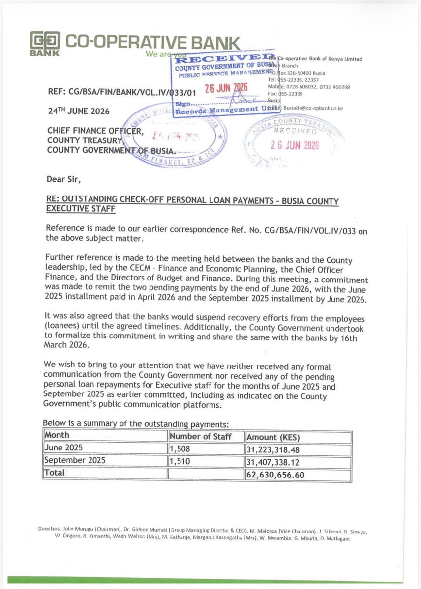 OkiyaOmtatah's tweet photo. Busia County @040County employees are bearing the consequences of failures that are not of their making. Their salaries have been deducted for loan repayments, yet the County Government has allegedly failed to remit over KSh 62.6 million in check off deductions to the @Coopbankenya. As a result, hardworking officers now face the risk of loan defaults, adverse CRB listings, damaged credit records, and unnecessary financial distress.

This is unfortunate and unacceptable. Money deducted from employees’ salaries is held in TRUST and MUST be remitted PROMPTLY. Failure to do so amounts to a serious breach of fiduciary responsibility and unfairly transfers the burden of administrative failure to innocent workers.

I call upon Governor  @HonOtuoma and his administration to immediately remit the outstanding deductions, engage the affected financial institutions to protect employees from punitive measures, and provide a clear public timeline for resolving this matter. 

Beyond the grave injustice inflicted on Busia County employees, the alleged failure to remit salary deductions may amount to a violation of Article 41 of the Constitution, which guarantees every worker the right to fair labour practices. It also raises serious concerns under the Employment Act, 2007, and the Public Finance Management Act, 2012, which require employers and public officers to act lawfully, accountably, and in accordance with the purpose for which deductions are made. 
The law does not permit an employer to deduct money from an employee’s salary, only to expose that employee to pecuniary embarrassment, damaged creditworthiness, and financial loss through non-remittance.