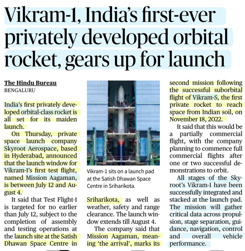 imRavikantYadav's tweet photo. Vikram-1, India's 1st ever privately developed Orbital rocket, gears up for launch
:Details
#Vikram1 #OrbitalRocket #SkyrootAerospace #MissionAagaman
#VikramS
#Space
#Technology
#UPSC
Source: TH https://t.co/oa6ejLpy9i