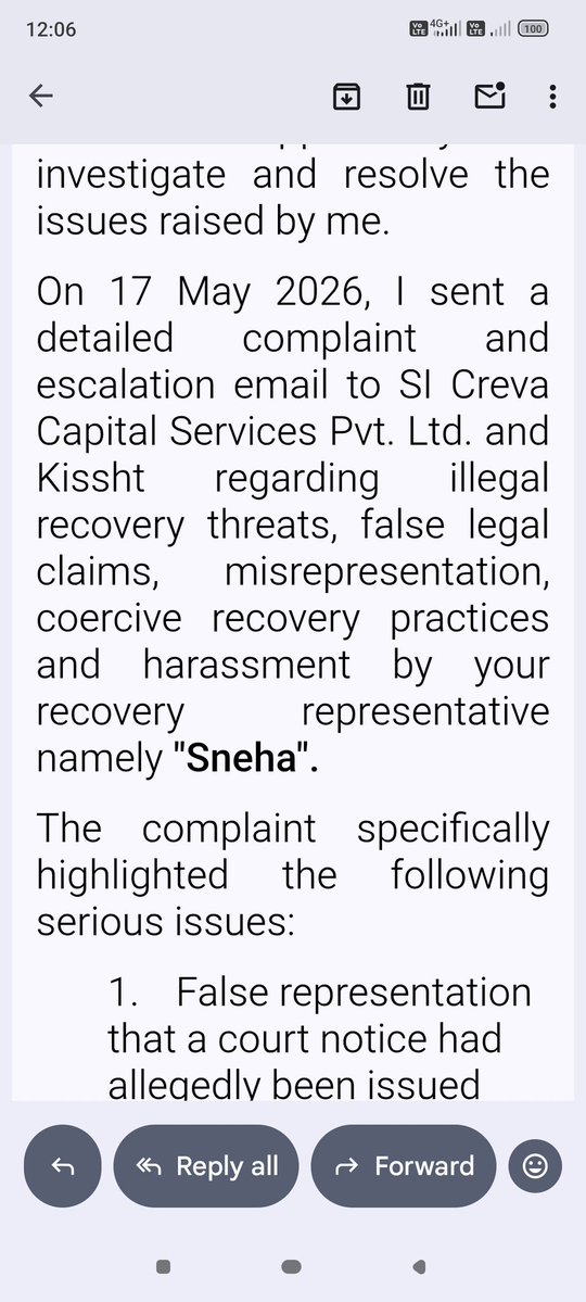 rahulasari1's tweet photo. @SiCreva75482 @Kissht_EMI agent "Sneha" used legal threats, made misleading statements about court action, and behaved in an intimidating and unprofessional manner during a recovery call.

@RBI
@sachin_rt
@jagograhakjago
RBI Complaint No.:N202627001009488
A/c:LOSEE86U5OYBGTG8THT https://t.co/yxh2mL5c71