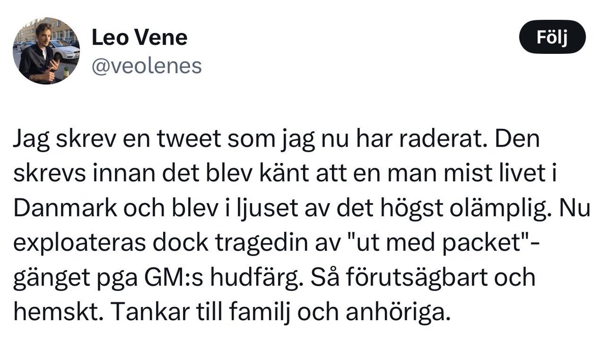micke_sd's tweet photo. Leo Vene 101:

1. Skriv ett vedervärdigt inlägg.
2. Bli fullständigt avklädd.
3. Leverera en patetisk “ursäkt”.
4. Försök skifta fokus till att handla om “rasisterna” i stället. https://t.co/mgMcK7WnUQ