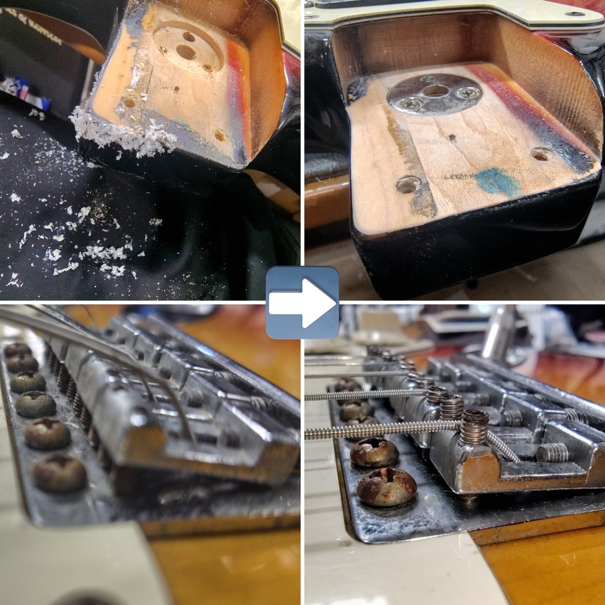 FuriousNote's tweet photo. がっつり上げられたイモネジ+フローティングで弦高高くてチョーキング詰まりもある状態が、調整後はこの高さで問題なく詰まりも無くサスティーンも出るように。ネックポケット大事。 https://t.co/M3gVXsRSdG