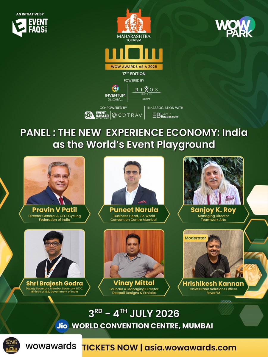 HrishiKay's tweet photo. It’s so exciting being part of this panel featuring this impressive speaker line up and indeed an event of this scale built by the good people at @EVENTFAQS under the stewardship of #DeepakChoudhary & #EEMA @wizsabbas . Its the 2026 edition of @WOWAwardsAsia 🤩 Can’t wait to chat with the magnificent @SanjoyRoyTWA who knows me from the early 90s when i was a precocious kid 🤗, the all rounder @pravinvpatil , Shri #BrajeshGodra from @MIB_India , the exhibition infrastructure wizard #VinayMittal & Business Head @JWCCMumbai #PuneetNarula . The New Experience Economy “India as the worlds event playground” - it’s already got me thinking 🗯️🌟 see you there !