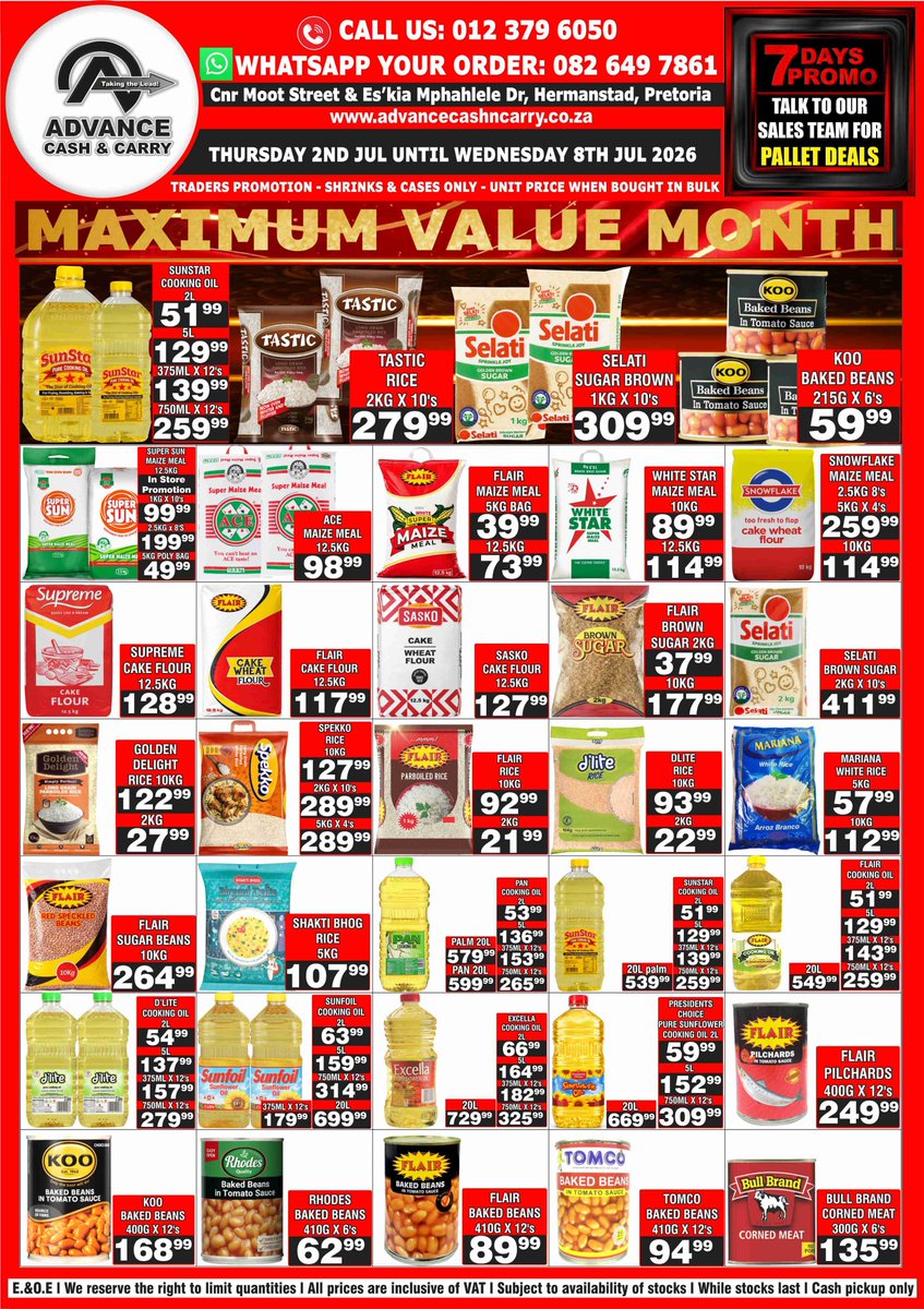 advanceonline's tweet photo. Advance Cash &amp; Carry FIRST CLASS SPECIAL !!! 2nd July until 8th July 2026 012 379 6050 https://t.co/QbvI7zFn0D #SuperDeals #Killerprice #bestprices #UnbelieveablePrices #advancecashncarry #buybulkandsave #pretoria #gauteng #FMCG #groceries #wholesale https://t.co/W9gNPw2WC5