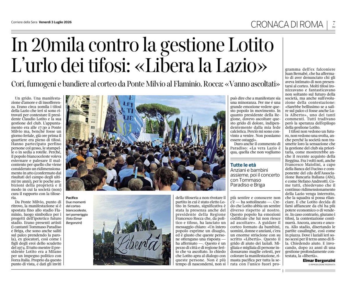 PuliciGpulici's tweet photo. Oggi il @Corriere @Elmarbergo dedicano una bella pagina alla manifestazione fatta ieri nella cronaca.
Non tutti lo hanno fatto e alcuni lo hanno fatto abbassando di molto il numero dei tifosi presenti ieri.
Quando le cose si fanno bene, è giusto riconoscerlo.
Avanti Laziali! 🤍🩵 https://t.co/9zvxsL118D