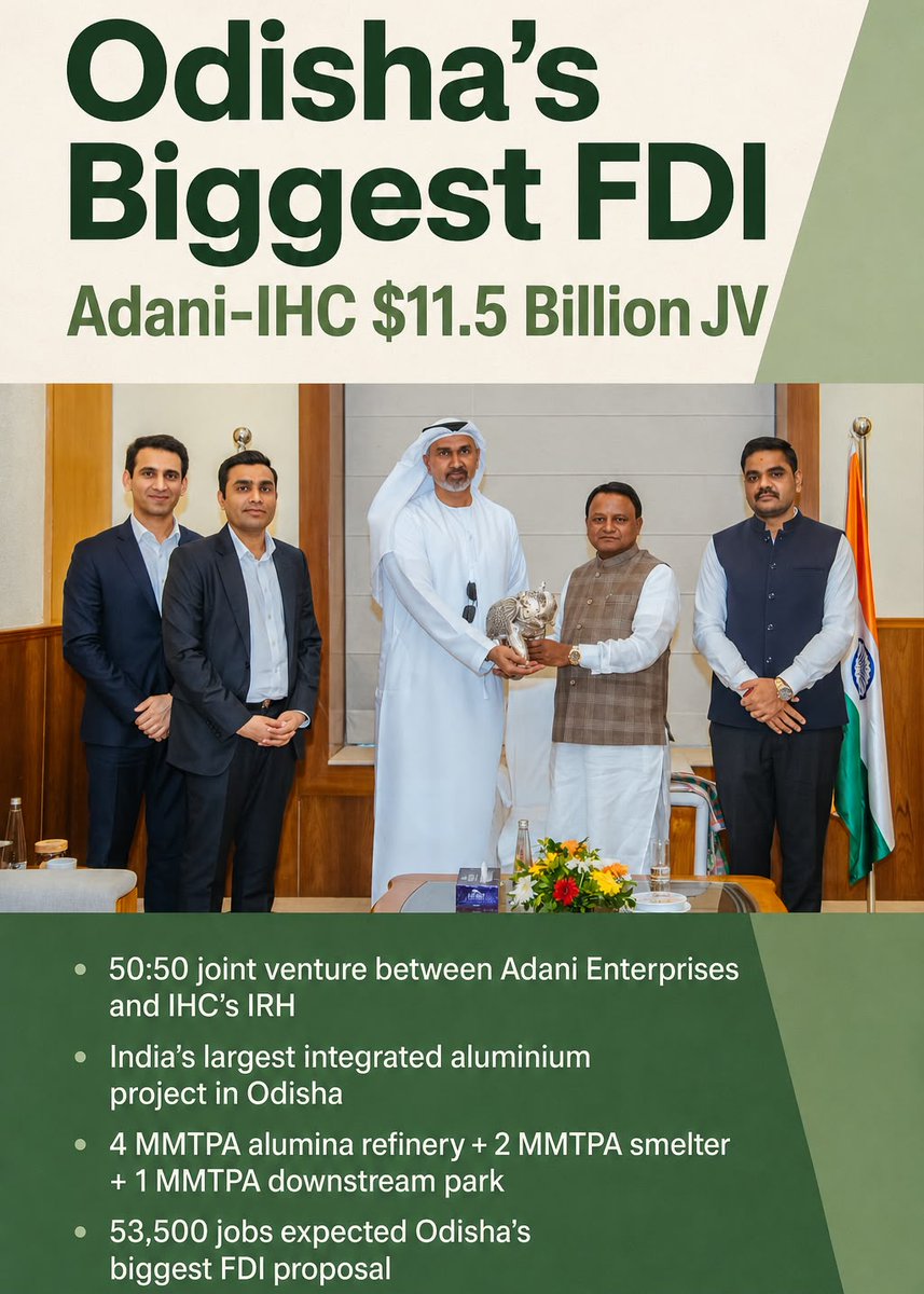 Samarr_sen11's tweet photo. Adani is delivering big for Odisha. Through its $11.5 Billion partnership with IHC’s IRH, Adani Enterprises will set up the state’s largest FDI project, India’s biggest integrated aluminium facility yet. #AdaniGroup https://t.co/t7JK0tNiRK