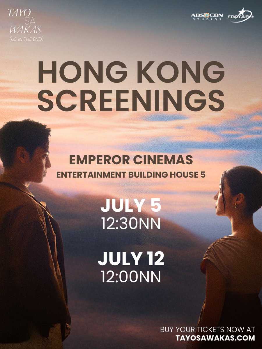 StarCinema's tweet photo. The journey continues. ✈️☁️ Tayo Sa Wakas will be showing in Hong Kong this July 5 and 12!

Get ready to experience the Filipino box office hit. Get your tickets now and visit https://t.co/GWCheUrvn0 and https://t.co/vaUIB51whp 🎟️

#TayoSaWakas (Us In The End)— a film by Cathy Garcia-Sampana starring Donny Pangilinan and Belle Mariano.