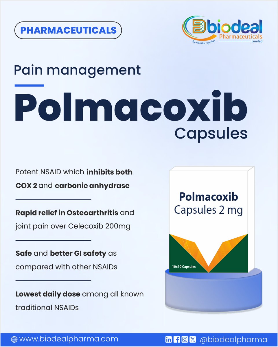 Biodealpharma's tweet photo. Dual mechanism. Lowest dose. Better GI safety. 💊

Polmacoxib Capsules 2 mg - inhibits COX-2 &amp; carbonic anhydrase. Faster relief in osteoarthritis vs Celecoxib 200 mg.

WHO-GMP &amp; PIC/S certified manufacturing by Biodeal.

🌐 https://t.co/AaTzniDbA7

#Biodeal   #CDMOIndia #Pharma https://t.co/1Bwy8RfzJk