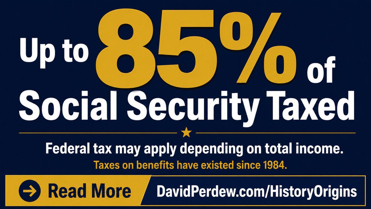 davidperdew's tweet photo. Up to 85% of your Social Security benefit can be subject to federal income tax depending on your total income. Taxes on benefits have existed since 1984. https://t.co/TQ5eyt2NQf #SocialSecurity https://t.co/6obcN49cpP
