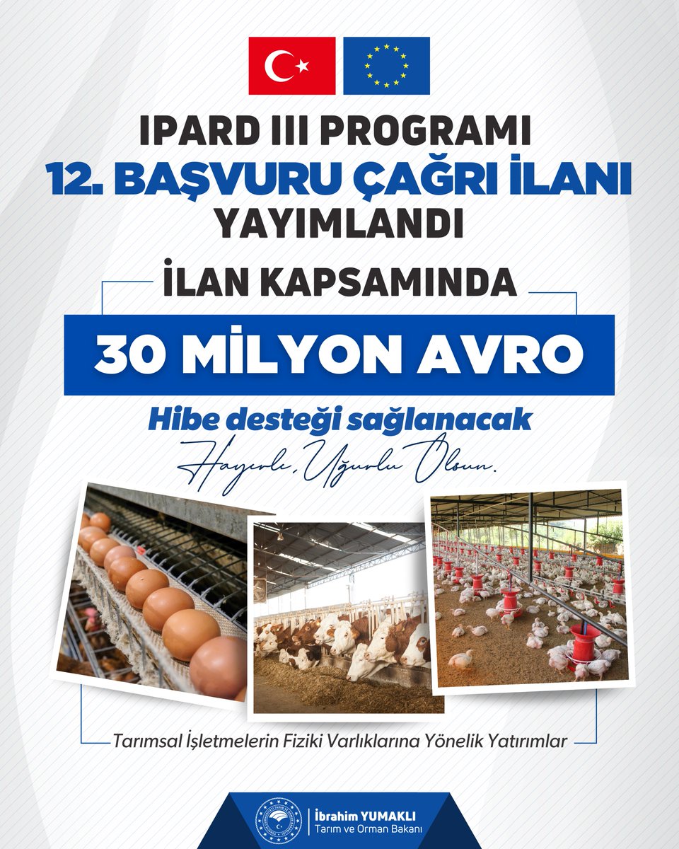 MuglaTB's tweet photo. IPARD III Programı 12. Başvuru Çağrı İlanı Yayımlandı!
🌿 Desteklenecek Sektörler
101-1 Süt Üreten Tarımsal İşletmeler
101-2 Kırmızı Et Üreten Tarımsal İşletmeler
101-3 Kanatlı Eti Üreten Tarımsal İşletmeler
101-4 Yumurta Üreten Tarımsal İşletmeler

👉 https://t.co/0nBzXRnTIo https://t.co/I7upEWJpKq