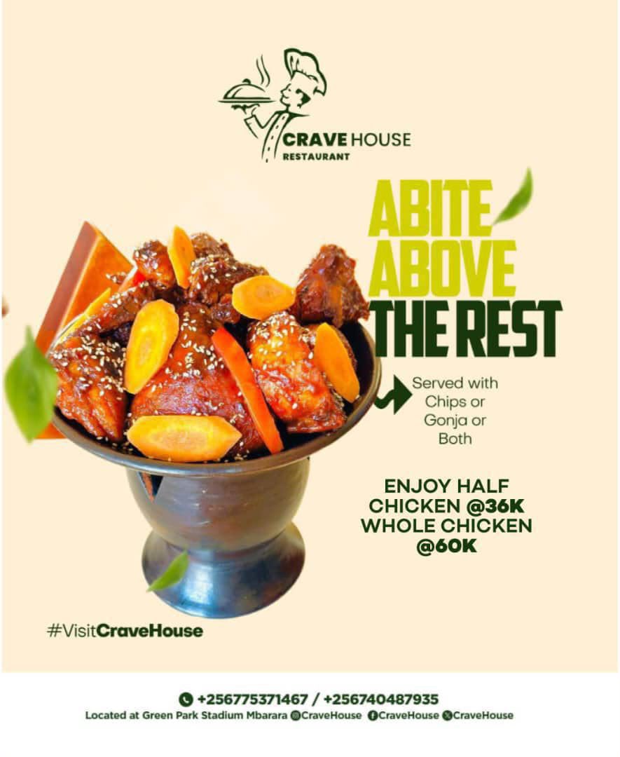 CraveHouse2's tweet photo. Looking for a delicious chicken meal? Make sure to visit us at #CraveHouseRestaurant located @greenparkug this Friday for our savory grilled  half chicken or whole chicken with chips &amp; Gonja! And remember, we offer delivery services too - call us on +256775371467. https://t.co/u2ncD16uU2
