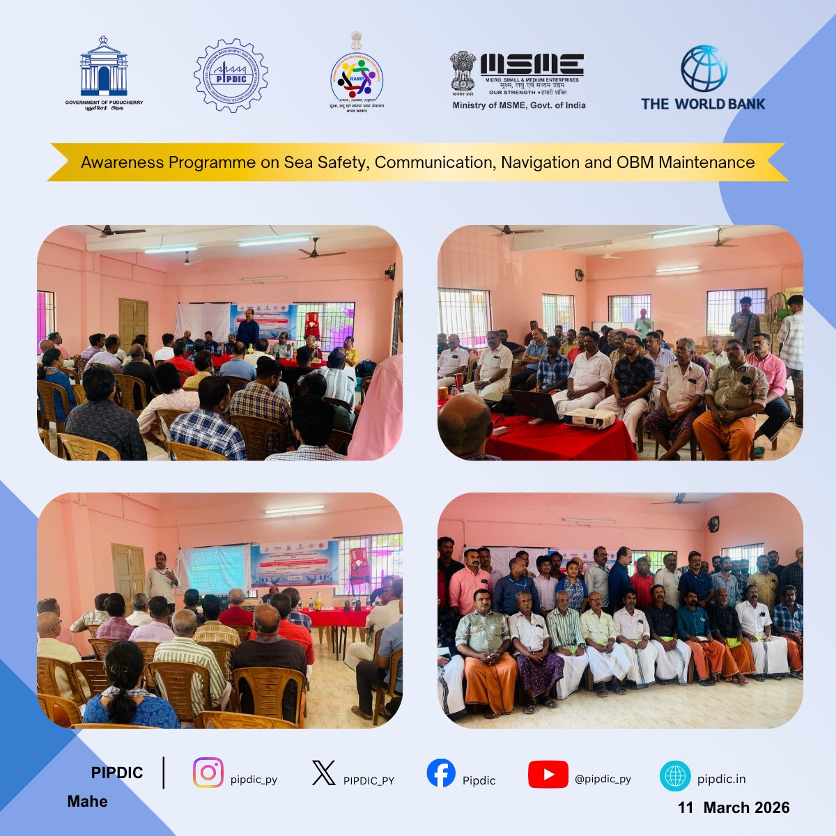 PIPDIC_PY's tweet photo. No fisherman left behind — RAMP reaches Mahe.

25 fishermen trained on sea safety, navigation, communication &amp; OBM maintenance at Mahe on 11 Mar 2026 under #RAMP — with expert faculty from ICAR–CIFNET, Kochi.

Safer seas. Stronger livelihoods.

 #Fisheries #SafetyAtSea #OBM https://t.co/KdyHCCIYbg