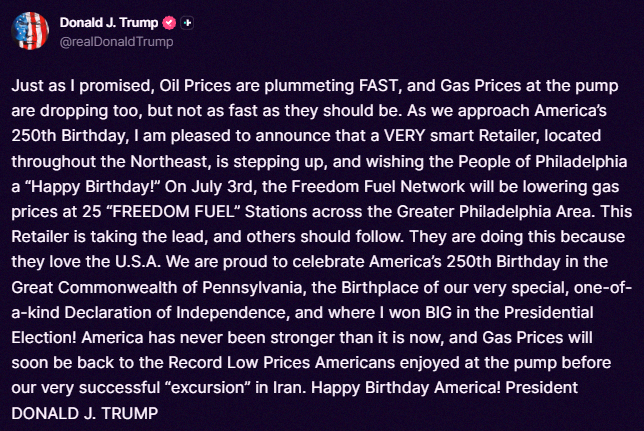 rmchz900's tweet photo. BREAKING: President Trump says Freedom Fuel Network is lowering gas prices at 25 gas stations in the northeast US on July 3rd and "others should follow." https://t.co/7fStUFNpwl