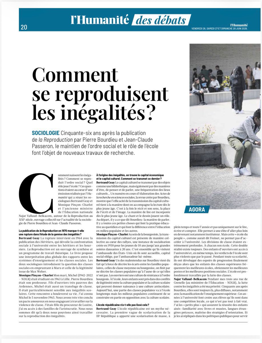 najatvb's tweet photo. Avec Monique Pinçon Charlot et Bertrand Geay, nous avons décortiqué pour le journal l’@humanite_fr la Reproduction, 50 ans après l’analyse de
Bourdieu. 

Spoiler : la thèse n’a pas perdu grand chose de son actualité … https://t.co/luSylSX1tw