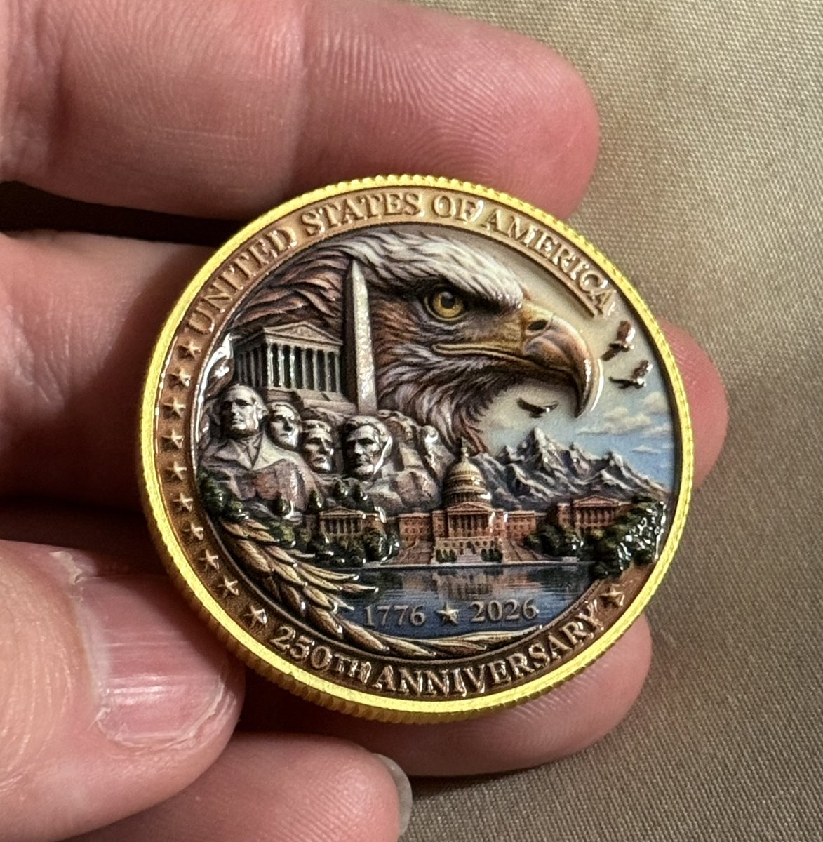 TooWise2beHigh's tweet photo. America’s 250th is fast approaching. Today I dedicate this new challenge coin to my undying faith in God &amp; our Country. As long as I live, this coin will be sacred to me. Here’s to our Founding Fathers! 🇺🇸 https://t.co/5g7QHS8Nto