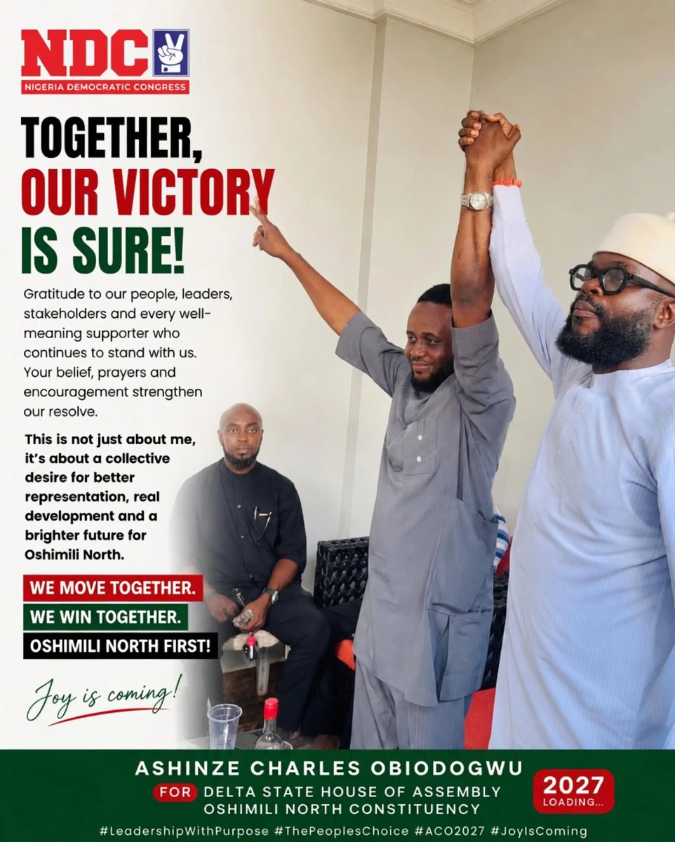 ACO101988's tweet photo. TOGETHER, OUR VICTORY IS SURE! ✊🏾

I remain deeply grateful to our people, leaders, stakeholders, friends, and every well-meaning supporter who continues to stand with this movement. Your prayers, encouragement, and unwavering belief strengthen our resolve every day.

This journey is bigger than one individual; it is a collective desire for better representation, real development, equity, and a brighter future for Oshimili North.

We move together. We win together. Oshimili North first!

2027 is loading… Joy is coming! 🙏🏾

Everybody deserves to smile,  let's make it happen!

#ACO2027 
#OshimiliNorth 
#LeadershipWithPurpose 
#ThePeoplesChoice 
#JoyIsComing 
#2027Loading