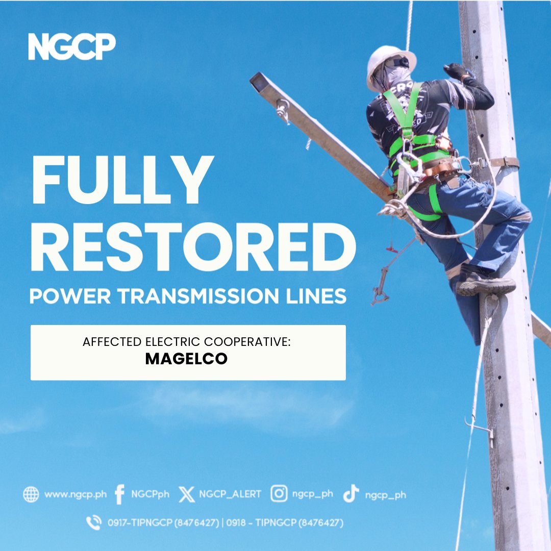 NGCP_ALERT's tweet photo. Fully restored power transmission service in parts of Maguindanao del Norte and Maguindanao del Sur provinces, 03 July, 2:25PM.

Affected: MAGELCO (Capiton, Rajah Silongan Kudarat, Salbu, & Talayan Substations)
Restored: Esperanza-Capiton 69kV line segment

Reason: Outage of Tacurong-Datu Saudi Ampatuan 69kV line at 8:47AM is for further investigation to determine the root cause. Power was partially restored up to Tacurong-Esperanza areas at 10:07AM.

Specific affected areas are determined by the electric cooperative. 

We appreciate your patience and understanding during the power interruption.