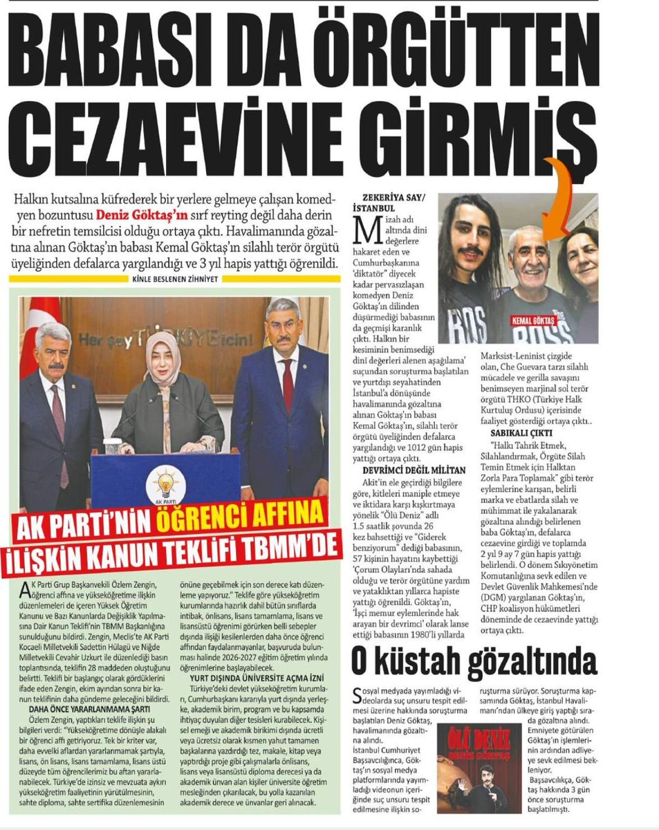 Zekeriya_Say's tweet photo. 💥Deniz Göktaş, "Ölü Deniz" şovunda tam 26 kez bahsettiği babasından; "Giderek babama benziyorum" diyordu..
*
Göktaş’ın, ‘İşçi memur eylemlerinde hak arayan bir devrimci’ olarak lanse ettiği babası Kemal Göktaş’ın, 1980’li yıllarda, Marksist-Leninist çizgide olan, Che Guevara tarzı silahlı mücadele ve gerilla savaşını benimseyen marjinal sol terör örgütü THKO (Türkiye Halk Kurtuluş Ordusu) içerisinde faaliyet gösterdiği gerekçesiyle toplamda 2 yıl 9 ay 7 gün hapis yattı!
