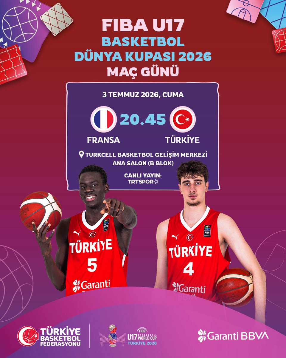 trtsporyildiz's tweet photo. 🇹🇷 Gençlerimizde hedef kupa, rakip Fransa

🏀 17 Yaş Altı Yıldız Erkek Milli Takımımız, FIBA U17 Basketbol Dünya Kupası 2026 çeyrek finalinde Fransa ile karşı karşıya geliyor.

🗓 Bugün, 🕘 20.45
📺 TRT Spor Yıldız https://t.co/vC9D1EmrZm