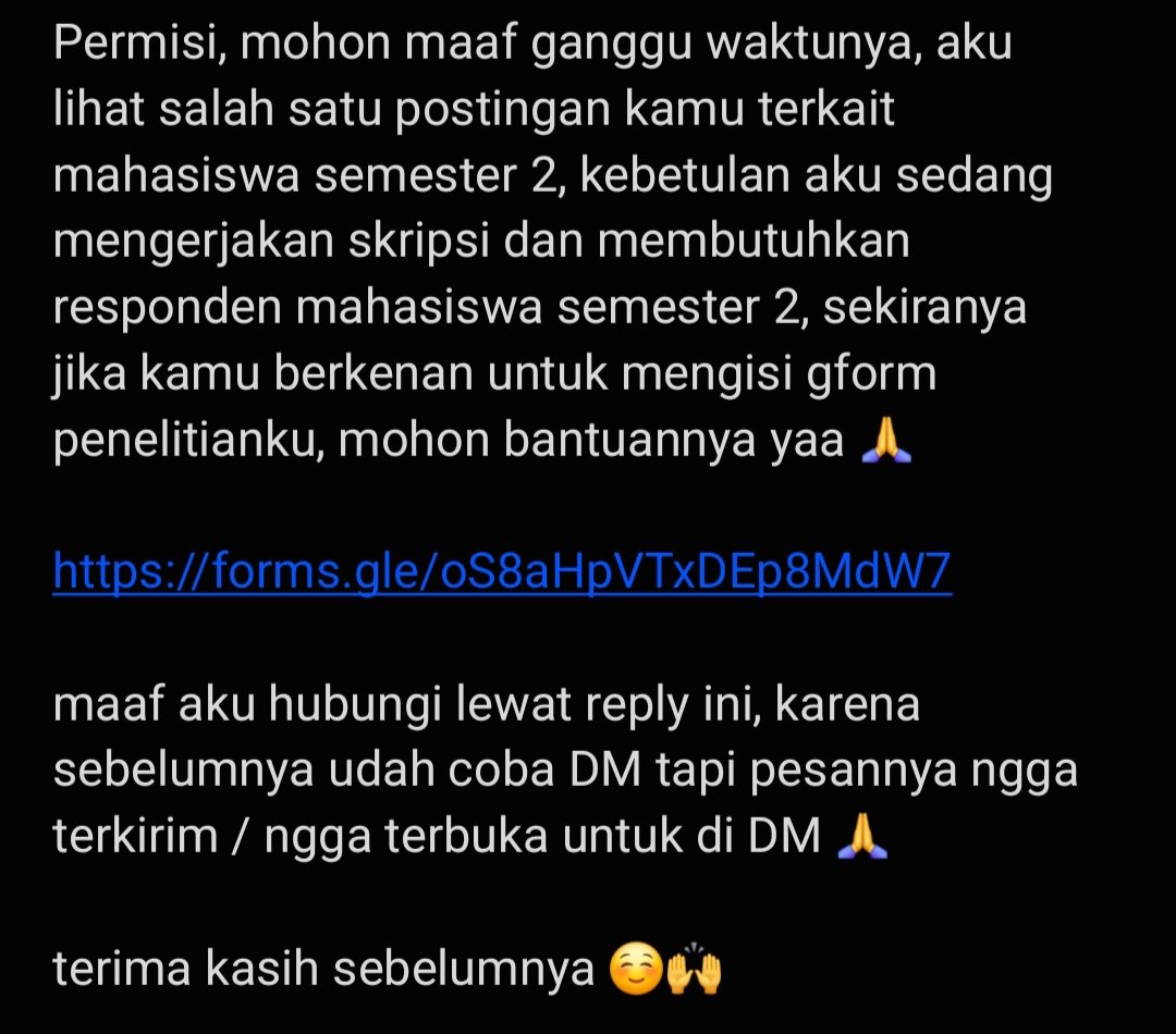 dithhhhhhhhh's tweet photo. @syaforeo Halo, permisi, boleh tolong dibaca ya pesan foto yg aku cantumkan dibawah 🙏

Berikut link gformnya:
https://t.co/phYK1U9Bvc

Jika berkenan dan sudah mengisi, boleh tolong reply "done" yaa, terima kasih sebelumnya, mohon bantuannya 🙏 https://t.co/0hL1sFBnIw
