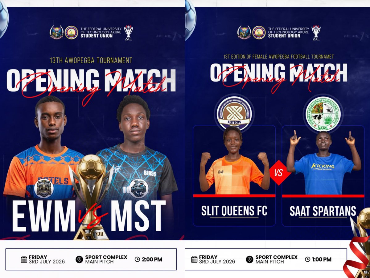 futafabrizio's tweet photo. ⚽🔥 IT'S MATCHDAY! 🔥⚽

The 13th Edition of AWOPEGBA gets underway today with two exciting opening fixtures as both the female and male competitions kick off.

🕐 1:00 PM
👩 SLIT 🆚 SAAT (Female)

🕑 2:00 PM
👨 MST 🆚 EWM (Male)

The wait is over. 
#FUTASports #FUTAFootball https://t.co/pDtrki93Ih