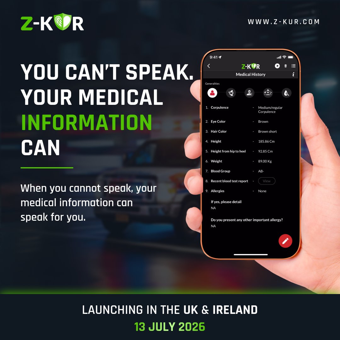 Zkurapp's tweet photo. When you can't speak, your health information can.
Discover how Z-KUR is helping redefine emergency response.
https://t.co/c1YNESFjj7
#ZKUR #EmergencyApp #PersonalSafety #HealthInformation #MakeItGood https://t.co/5Yl8I1m7hd