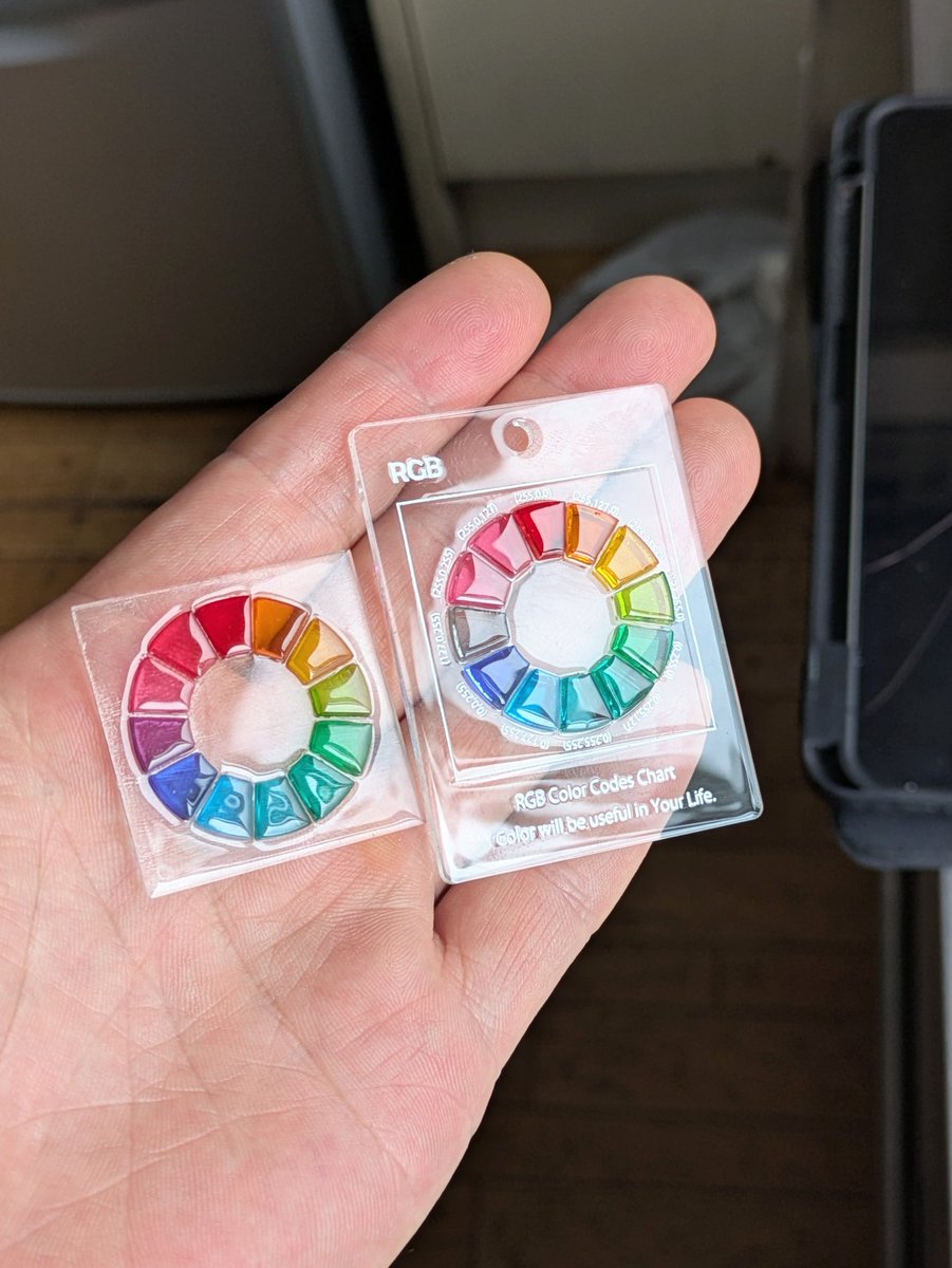 Takahata_P's tweet photo. 試作中の透過性色見本キーホルダー、表からクリアーを塗ってみました。
課題はまだ多いですが方向性は見えて来た感じですかね🥰
https://t.co/CH5hQPeGcw https://t.co/WyB3hiS9kB
