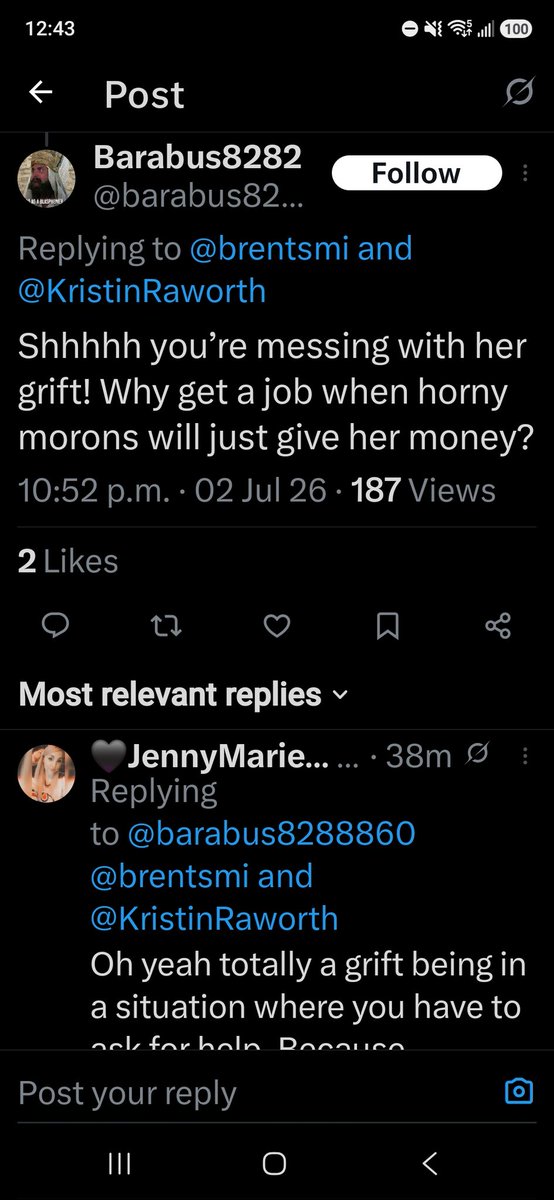 JennyMarie_19's tweet photo. @brentsmi @barabus8288860 @KristinRaworth I was responding this guy not you. In regards to your original comment not speaking for her but she probably keeps her DMs shut to protect herself against assholes like this who try to harass her. https://t.co/nB6sm0cXzR