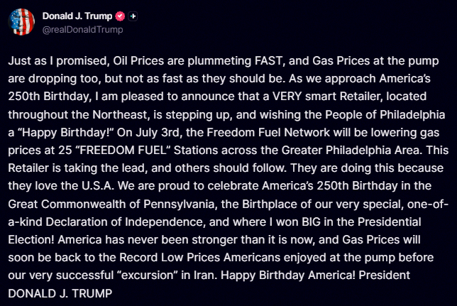 omi_5002's tweet photo. BREAKING: President Trump says Freedom Fuel Network is lowering gas prices at 25 gas stations in the northeast US on July 3rd and "others should follow." https://t.co/zctTcGiyAT