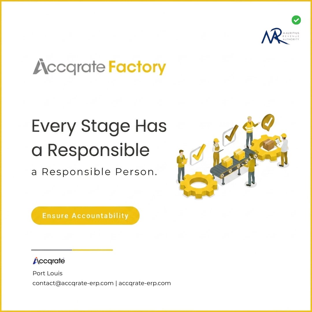 AccqrateM's tweet photo. Build Accountability Into Production
#AccqrateFactory builds accountability with defined roles, approvals, and structured workflows.
#Mauritius #Manufacturing #ERPSystems #OperationalControl #TeamAccountability #WorkflowManagement #ProcessManagement https://t.co/bFZ3pp2hgB
