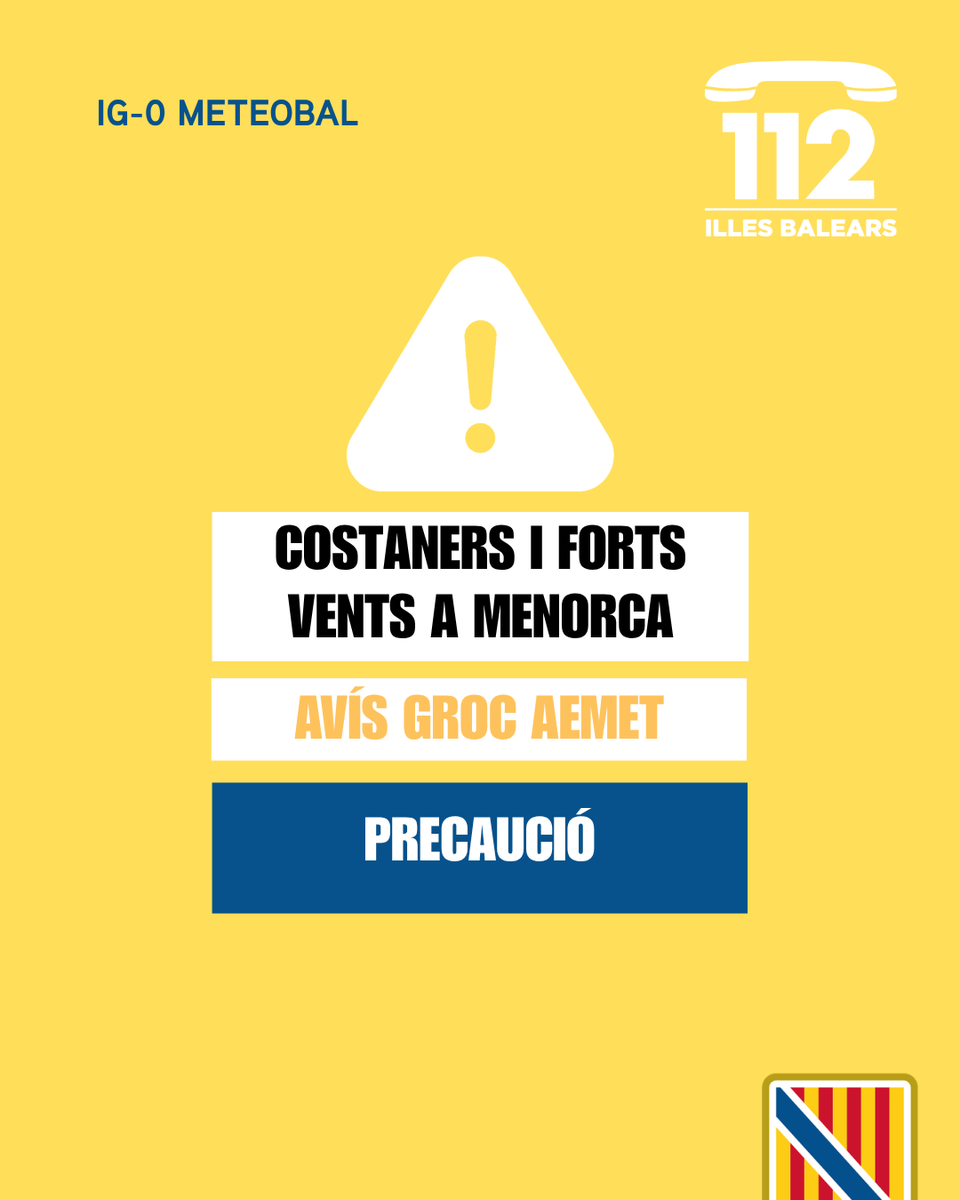 Emergencies_112's tweet photo. ⚠️ Actualització de les alertes per meteorologia adversa🌊🌬️

🟡 Activada l'alerta groga (IG-0 del Pla Meteobal) per forts vents 🌬️ i fenòmens costaners 🌊 a Menorca.

Us demanam precaució en les properes hores, que seguiu els nostres consells i que crideu l’112 📞 en cas de patir una emergència 🙏🏻

💭 Podeu seguir els avisos per hores al canal oficial d’@AEMET_Baleares:
➡️https://t.co/7MF314gdu9
