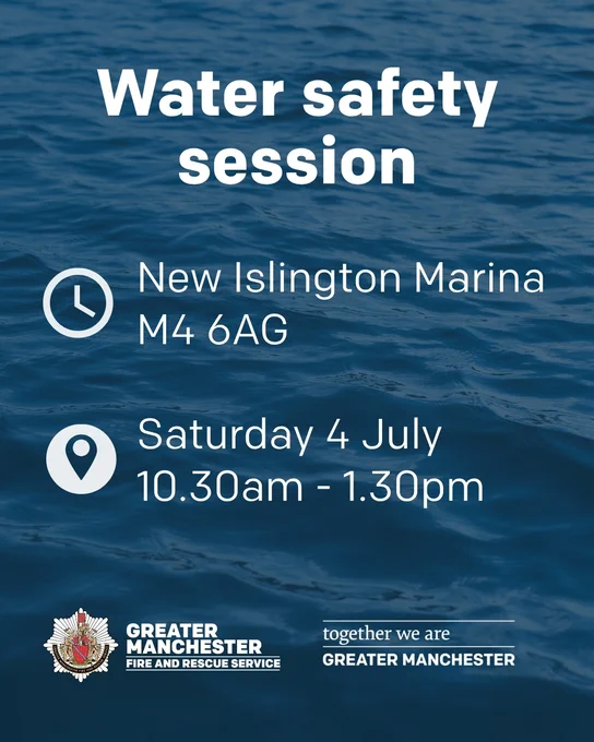 Flyer for a Water safety session at New Islington Marina on Saturday 4 July, 10.30am to 1.30pm.
