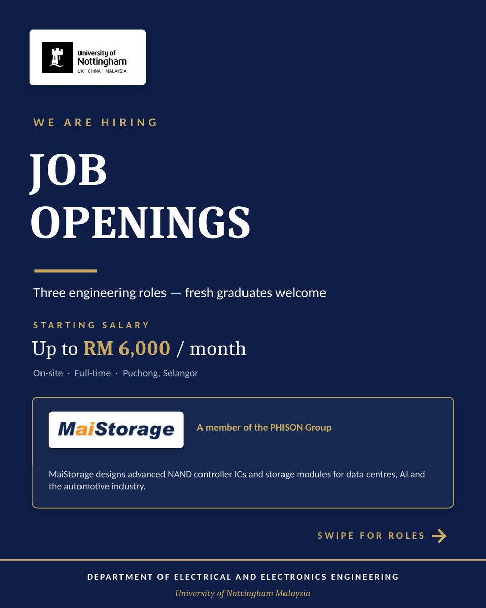 UNM_EE_Eng's tweet photo. MaiStorage, a Puchong-based NAND-storage IC design startup, welcomes fresh graduates for three roles:

Firmware Engineer (RM 6,000/mo) · AI Engineer, R&amp;D (competitive) · Software Engineer (RM 5,000/mo)

On-site, full-time. Send your CV to hr@maistorage.com https://t.co/jygZbDkUgu