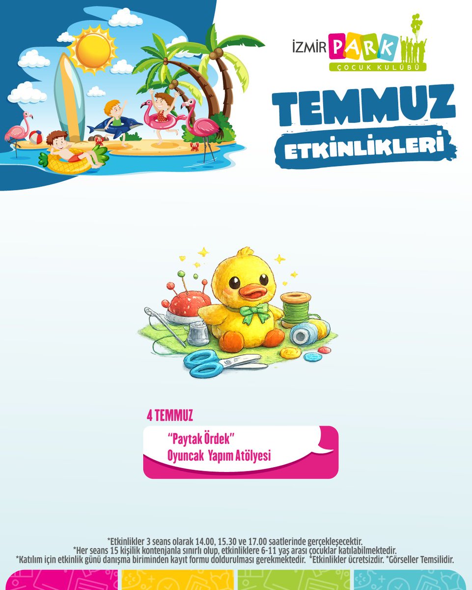 izmirpark's tweet photo. İzmir Park’ta çocuklar, hem öğreniyor hem eğleniyor!​

Yarın düzenlenecek olan "Paytak Ördek Oyuncak Yapım Atölyesi" etkinliğimizi kaçırmayın! 🎉👧👦 🎈🎨 🚀

#İzmirPark #TemmuzEtkinlikleri #ÇocukKulübü https://t.co/HWrSq0daH2