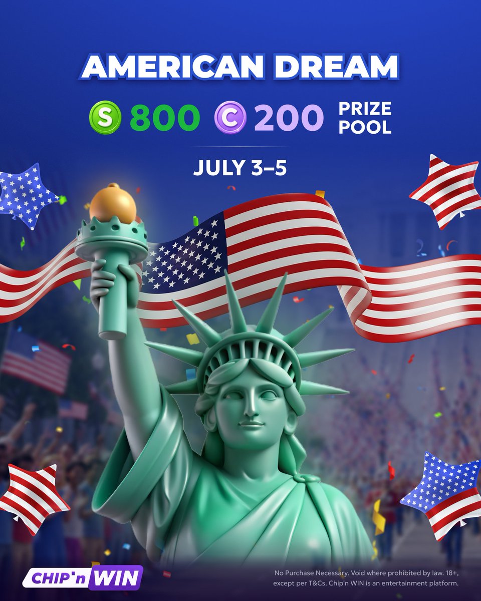 chipnwin's tweet photo. Time to chase the American Dream 🇺🇸

Join the special festive tournament on Chip’n WIN. Make your Fourth sparkle with prizes!

🔥 20 champions will share 800 SC + 200 CR 🔥

Bring your best game and let everyone know it.

Enter here 👉 https://t.co/8hnFHnmBEU 

#usacasino https://t.co/2fEa0vK1Mh