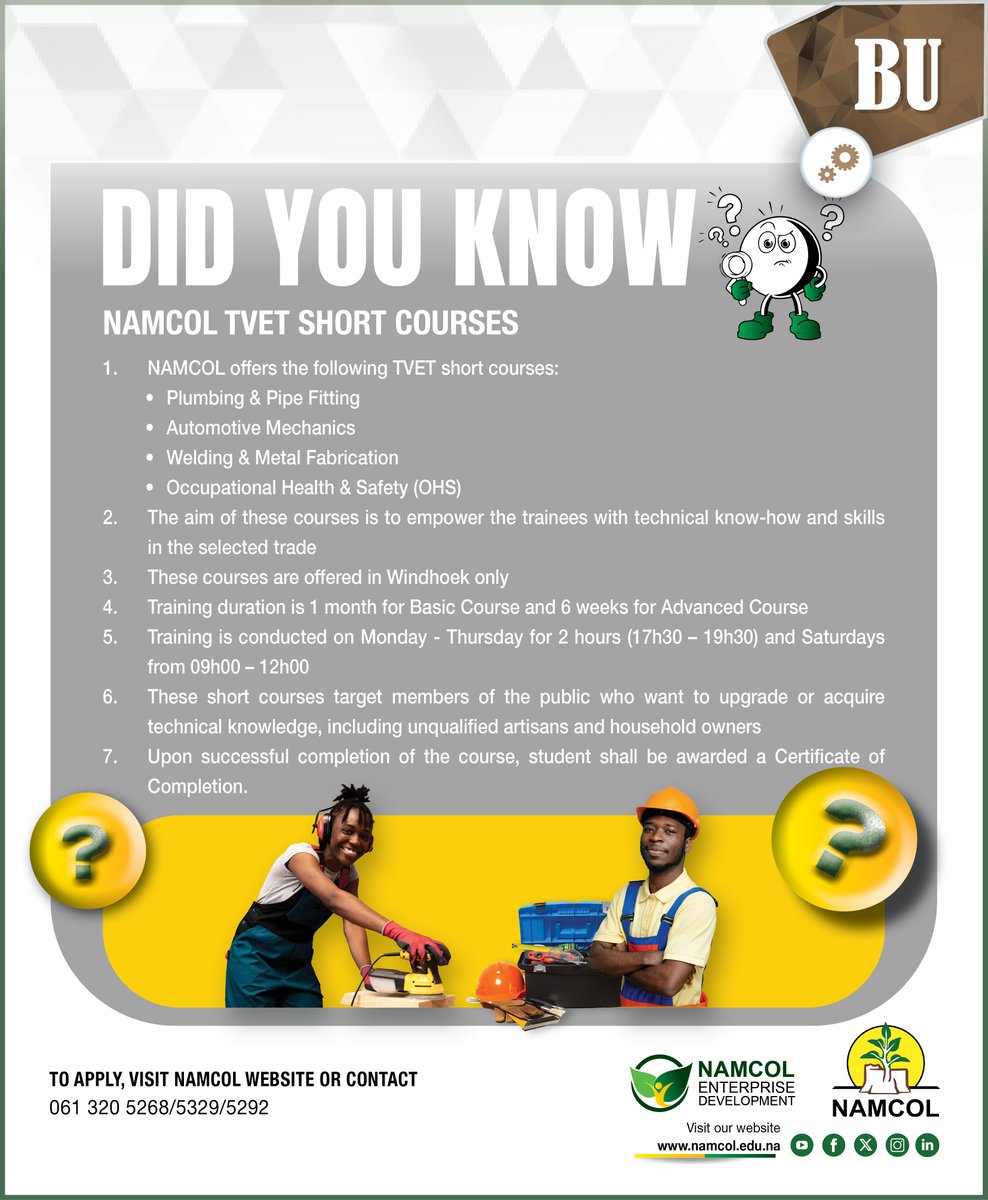 Namcol11's tweet photo. Did you know? NAMCOL offers TVET Short Courses in Windhoek! Boost your skills in Plumbing, Auto Mechanics, Welding, or OHS.

1-month Basic / 6-week Advanced (Evening &amp; Sat classes).

Earn a Certificate of Completion!

Apply at https://t.co/15gJshFvxh or call 061 320 5268. https://t.co/IajdYD36Mt