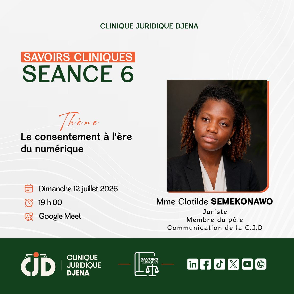 CJD_Djena's tweet photo. ⚖️ Savoirs Cliniques – Séance 6

Le consentement à l'ère du numérique

À l'ère des réseaux sociaux, des plateformes numériques et de la collecte massive de données personnelles, le consentement est devenu un véritable enjeu juridique. https://t.co/5X11SfcJnx