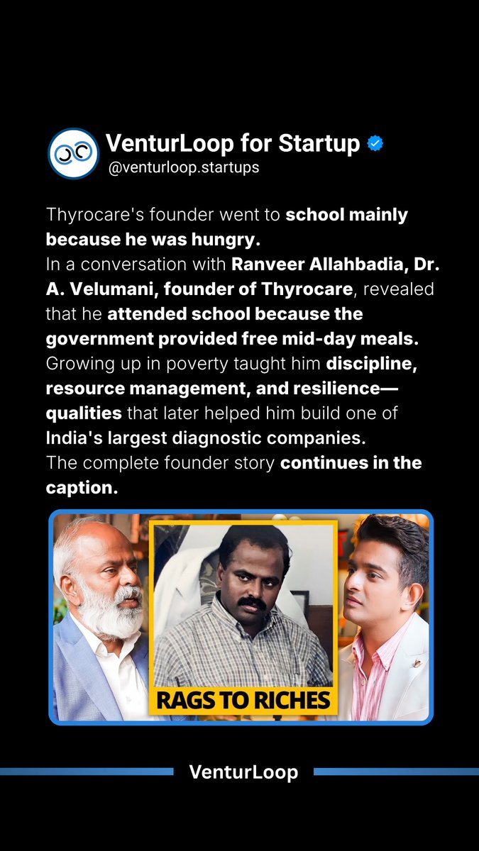 VenturLoop's tweet photo. Dr. A. Velumani's journey began with a free school meal, not big dreams. As he says, "One hand held a slate, the other held a plate." He built Thyrocare by managing money wisely, avoiding debt, and growing one step at a time. Great businesses aren't built overnight. https://t.co/0trJtE8sEQ