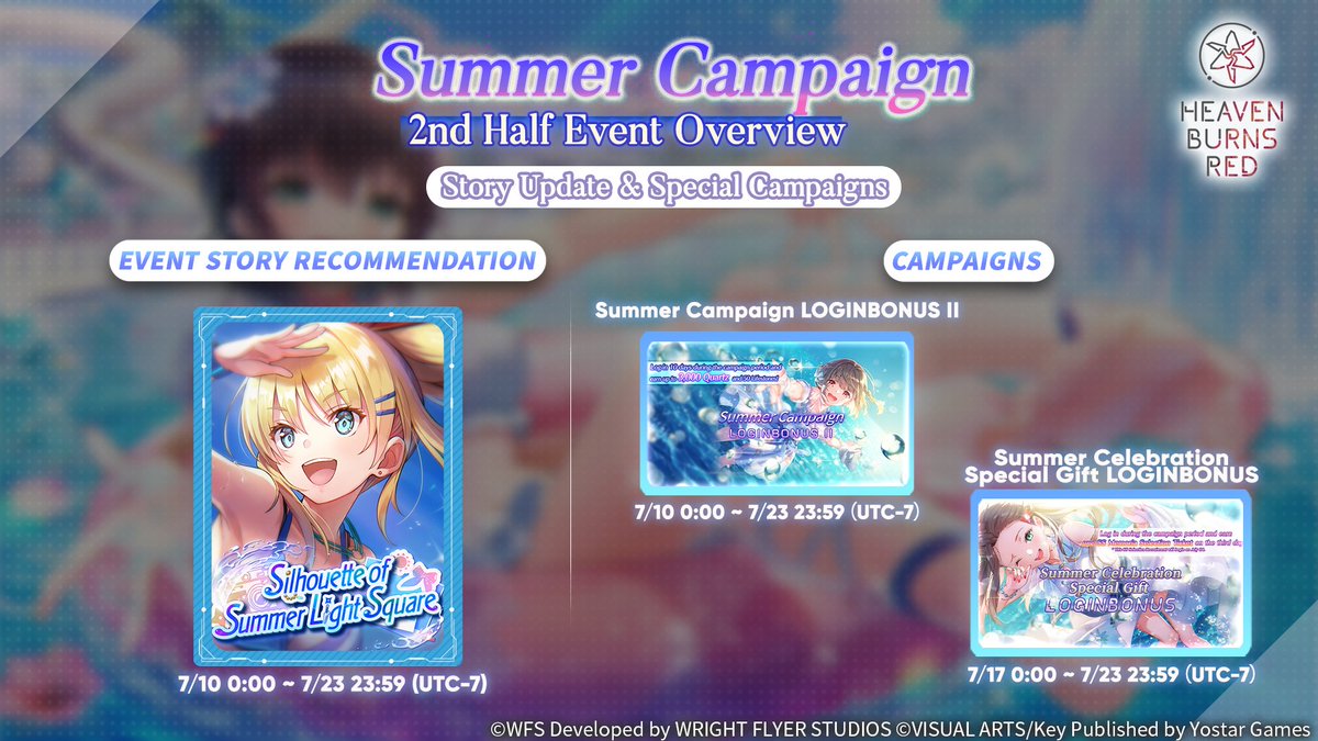 hbr_official_en's tweet photo. Summer Campaign 2nd Half Event Overview

Here’s a preview of the events coming in the second half of the Summer Campaign! In addition to the long-awaited new Memoria, there will also be new events and recruitments waiting for you.

#HeavenBurnsRed #Yostar https://t.co/7iM4ytW7oc