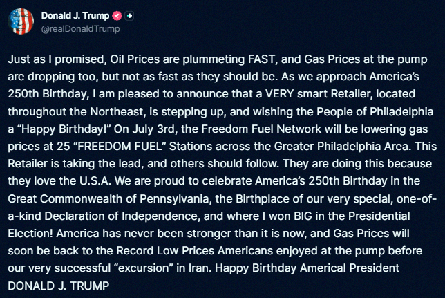 DwightButlerKY's tweet photo. BREAKING: President Trump says Freedom Fuel Network is lowering gas prices at 25 gas stations in the northeast US on July 3rd and "others should follow." https://t.co/ojxd3Fhomf
