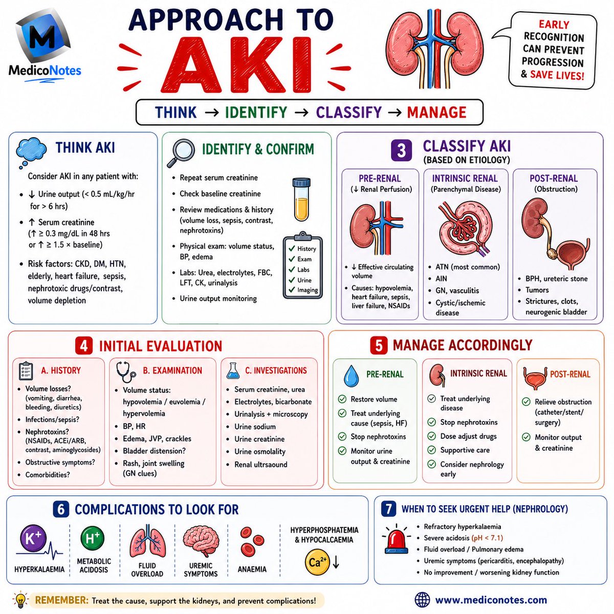 MedicoNotes's tweet photo. 🩺 Approach to Acute Kidney Injury (AKI)
AKI is a medical emergency—recognize it early, identify the cause, and intervene before irreversible kidney damage occurs.

AKI is defined by a rapid decline in kidney function, resulting in rising serum creatinine and/or reduced urine output. The key to management is determining whether the cause is pre-renal, intrinsic renal, or post-renal.

📚 Stepwise Approach to AKI:

1️⃣ Think AKI
• Rising creatinine or oliguria (<0.5 mL/kg/hr).
• Review previous renal function and identify high-risk patients.

2️⃣ Confirm the Diagnosis
• Repeat renal profile.
• Perform urinalysis and monitor urine output.
• Review medications, recent contrast exposure, and comorbidities.

3️⃣ Classify the Cause
🟢 Pre-renal: Hypovolemia, sepsis, heart failure, cirrhosis.
🔵 Intrinsic: ATN, glomerulonephritis, AIN, vasculitis.
🟠 Post-renal: Urinary tract obstruction (BPH, stones, malignancy).

4️⃣ Investigate Systematically
• Assess volume status and blood pressure.
• U&Es, bicarbonate, urinalysis, urine sodium/osmolality.
• Renal ultrasound if obstruction is suspected.

5️⃣ Treat the Underlying Cause
✔️ Restore perfusion in pre-renal AKI.
✔️ Stop nephrotoxic drugs (NSAIDs, ACEi/ARB where appropriate).
✔️ Relieve urinary obstruction promptly.
✔️ Correct electrolyte abnormalities and monitor fluid balance closely.

💡 High-Yield Exam Pearls
✔️ ATN is the most common intrinsic cause of AKI.
✔️ Always exclude post-renal obstruction with renal ultrasound.
✔️ Hyperkalaemia, severe metabolic acidosis, pulmonary oedema, and uraemic complications require urgent nephrology review and consideration of dialysis.
✔️ Treat the cause, not just the creatinine.

📖 Want more concise, exam-focused nephrology notes?

Visit https://t.co/2UQyCbb6in and explore our Nephrology & Urology book—designed for medical students, MRCP, USMLE, PLAB, AMC, and everyday clinical practice.

❤️ Save this post for revision.
📤 Share it with your colleagues.
💬 What investigation do you always order first when assessing AKI?

#AKI #AcuteKidneyInjury #Nephrology #InternalMedicine #MedicalStudent