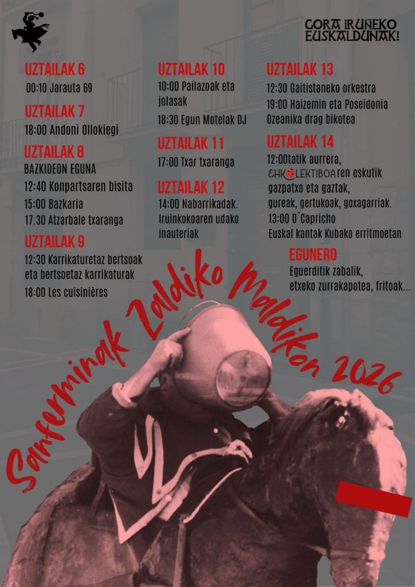 AhotsaInfo's tweet photo. #SFk26 🔻
Zaldiko Maldiko, Sanferminetan euskararen arnas gunea

@ZaldikoMaldiko-k bere ateak zabalduko ditu Sanferminetan eta egitarau kulturala eskainiko du. Besteak beste, Andoni Ollokiegi, txarangak eta pailazo ikuskizunak, tokiko produktuak, Nabarrikadak https://t.co/FiStst0eIz