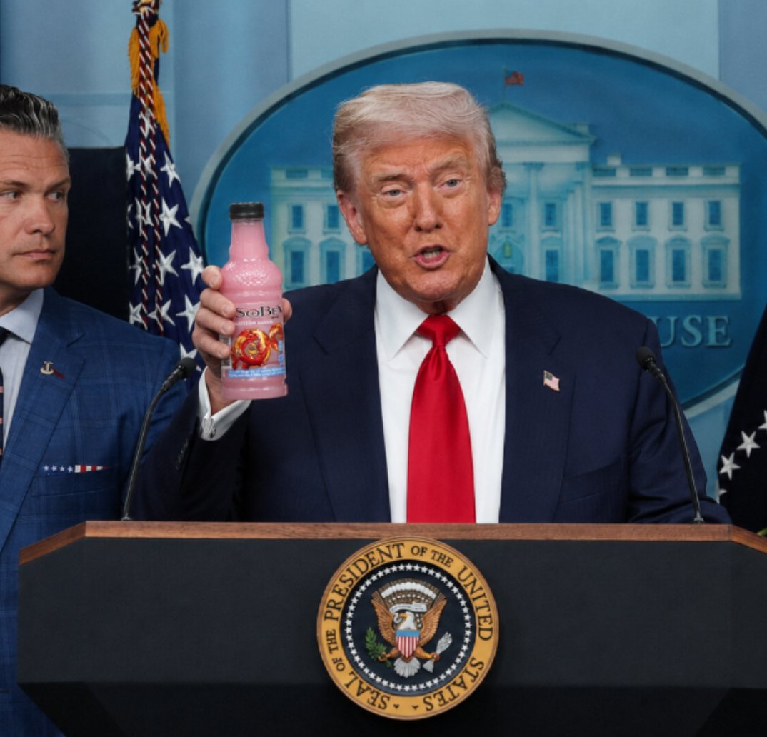 Belbizaz's tweet photo. "We love Sobe we really do. People have been trying to bring it back for a while now but they couldn't do it. The Democrats wouldn't let them because they hate our country. But we're doing it. We're bringing it back. And we're doing it with glass. Do you remember the glass? Great big thick bottles of glass, it was incredible. You could throw it across a parking lot and it wouldn't break can you believe that?"