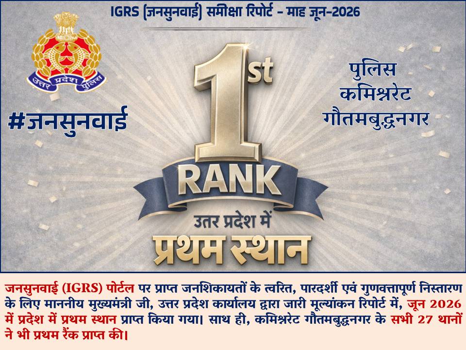 CP_Noida's tweet photo. .@CP_Noida के कुशल नेतृत्व में #NoidaPolice ने IGRS पोर्टल पर जनशिकायतों के निस्तारण में उत्कृष्ट प्रदर्शन किया।

जनसुनवाई (IGRS) पोर्टल पर प्राप्त जनशिकायतों के त्वरित, पारदर्शी एवं गुणवत्तापूर्ण निस्तारण के लिए माननीय मुख्यमंत्री जी, उत्तर प्रदेश कार्यालय द्वारा जारी मूल्यांकन रिपोर्ट माह-जून 2026 में, पुलिस कमिश्नरेट गौतमबुद्धनगर द्वारा प्रदेश में प्रथम स्थान प्राप्त किया गया। साथ ही, कमिश्नरेट गौतमबुद्धनगर के सभी 27 थानों ने भी प्रथम रैंक प्राप्त की।

#जनसुनवाई